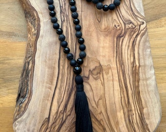Black Onyx, Matte Black Onyx and Black Lava Mala Beads, 108 Bead Mala, Japa Mala, Long Tassel Necklace