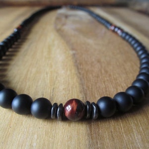 Red Tiger Eye and Matte Black Onyx Long Necklace for Men, 8mm Mens Jewelry, Tigereye Gift for Musician, Looks Good with Tattoos