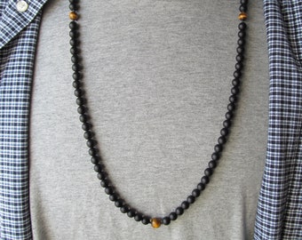 108 Bead Mala with Matte Black Onyx, Tiger Eye, and Optional Silk Tassel, Long Beaded Necklace, Meditation Beads, Tigereye Necklace