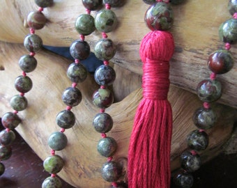 108 Bead Dragon Blood Mala Necklace, Prayer Beads, Yoga Jewelry, Long Tassel Necklace, Meditation Beads, Japa Mala Dragons Blood