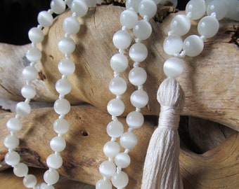 Selenite 108 Bead Mala: Hand-Knotted Gemstone Tassel Necklace