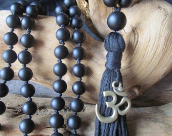 Matte Black Onyx Mala with Om Charm,  108 Bead Hand Knotted, Tassel Yoga Necklace, Meditation Beads, Men's Mala