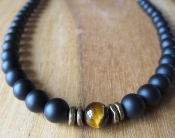 Tiger Eye & Matte Black Onyx Necklace: Mens Beaded Jewelry