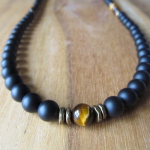 Tiger Eye and Matte Black Onyx Long Necklace for Men, 8mm Mens Jewelry, Tigereye Gift for Musician, Tattoo, Alternative Jewelry