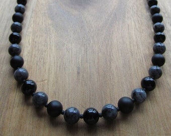 Mens Matte Black Onyx and Larvikite Necklace, Mens Beaded Necklace, 8mm, Mens Long Necklace, Gift Ideas for Men, Layering, Mens Jewelry