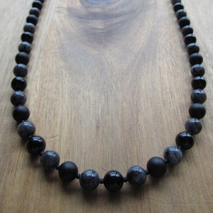 Mens Matte Black Onyx and Larvikite Necklace, Mens Beaded Necklace, 8mm, Mens Long Necklace, Gift Ideas for Men, Layering, Mens Jewelry