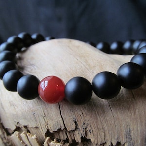 Mens Matte Black Onyx Bracelet with Carnelian Accent