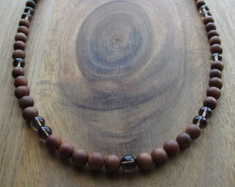 Men's Sandalwood & Smoky Quartz Necklace,  6mm Beaded Wood Necklace, Fragrant Genuine Sandalwood