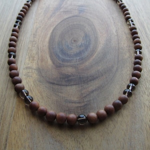 Men&#39;s Sandalwood & Smoky Quartz Necklace,  6mm Beaded Wood Necklace, Fragrant Genuine Sandalwood