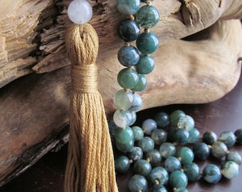 Moss Agate & Snow Quartz Mala Beads: 108 Bead Tassel Necklace