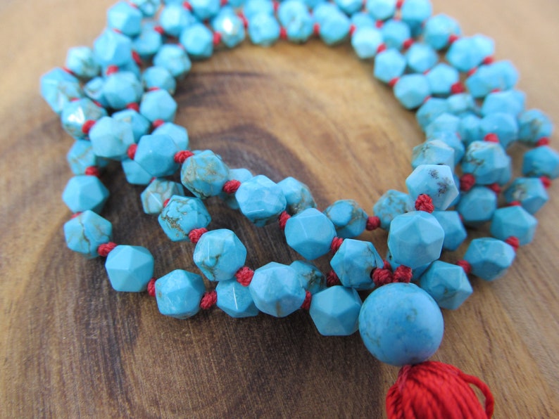Hand Knotted 108 Bead Mala with Matte Turquoise Magnesite Long Beaded Necklace Tassel Meditation Beads