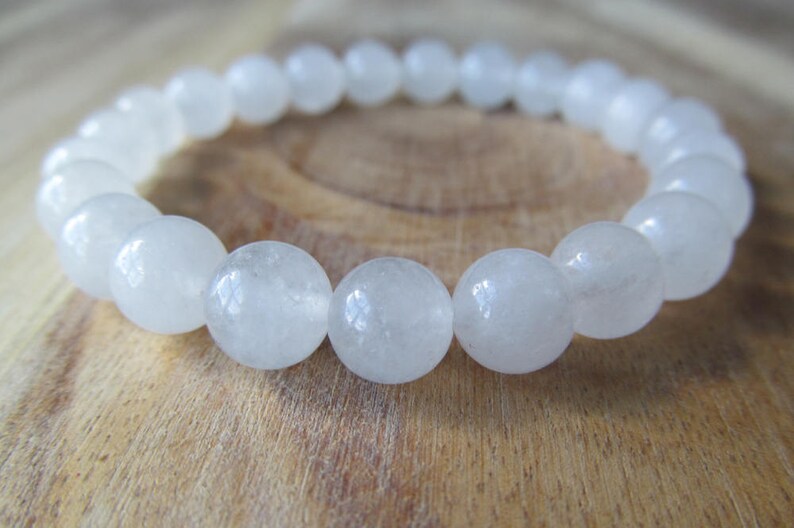 8mm Snow Quartz Bracelet, Gemstone Bracelet, Natural Stone Bracelet, Womens or Mens Bracelet, Mala Yoga Meditation, White Bracelet image 2