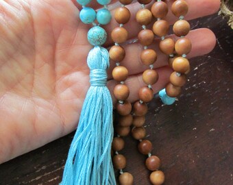 Turquoise and Sandalwood 108 Mala Beads,  Mala Necklace, Prayer Beads, Yoga Jewelry, Japa Mala, Meditation Beads, Tassel Necklace