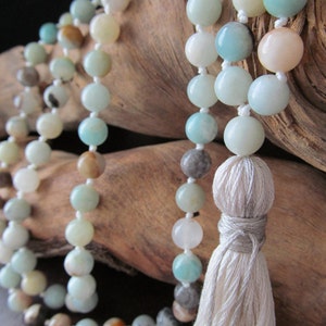 108 Mala Beads with Amazonite, Hand Knotted Long Tassel Necklace, Yoga Jewelry, Buddhist Prayer Beads image 4