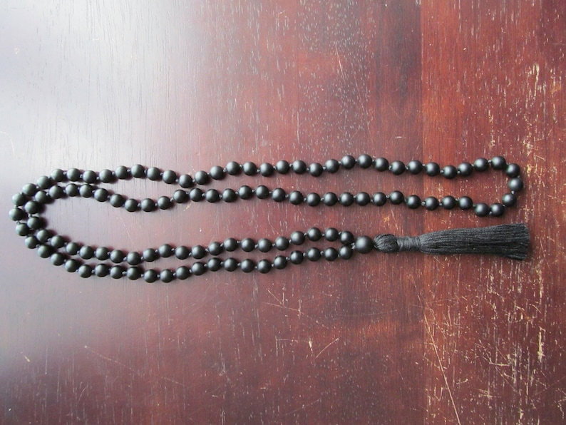 Black ONYX Mala Beads, 108 Bead Hand Knotted Matte Black Onyx, Japa Mala, Long Tassel Necklace image 3