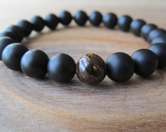 Bronzite and Matte Black Onyx Bracelet, Stacking Bracelet, Men's Bracelet, Mala Bracelet, Layering Bracelet, Beaded Bracelet, Gift for Men