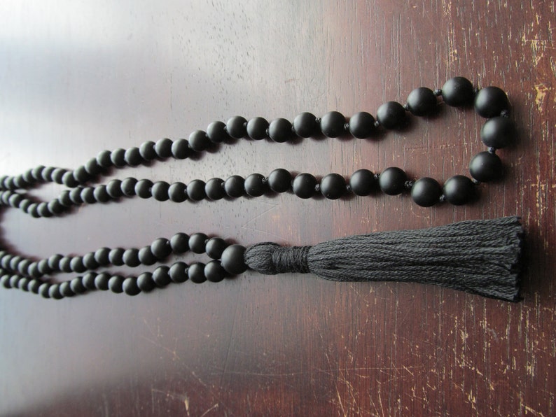 Black ONYX Mala Beads, 108 Bead Hand Knotted Matte Black Onyx, Japa Mala, Long Tassel Necklace image 4