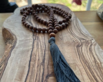 Sandalwood Mala with Tiger Eye Guru Bead, 108 Bead Selenite Mala, Japa Mala, Long Tassel Necklace