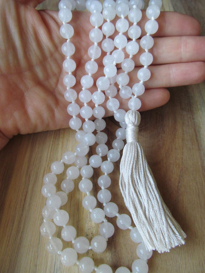 All White Mala 108 Bead Snow Quartz Mala Tassel Necklace Etsy