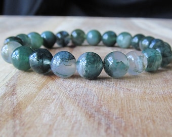 8mm Moss Agate Bracelet: Natural Gemstone Beaded Jewelry