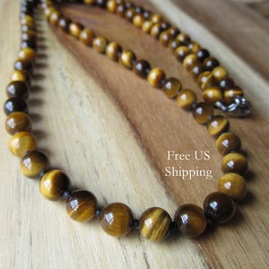 8mm Tiger Eye Necklace for Men, Beaded Tigereye, Mens Jewelry, Long Necklace, Gift for Men Tiger Eye, Gift for Musician, Tattoo Necklace image 2