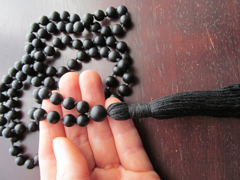 Black ONYX Mala Beads, 108 Bead Hand Knotted Matte Black Onyx, Japa Mala, Long Tassel Necklace image 2