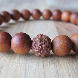 Sandalwood and Rudraksha Bracelet, Womens or Mens Bracelet, Buddhist Yoga Jewelry, Mala Bracelet, Beaded Wood Bracelet, Layering, Stacking