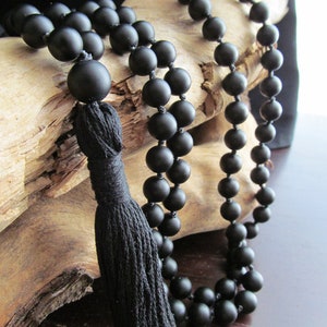 Black ONYX Mala Beads, 108 Bead Hand Knotted Matte Black Onyx, Japa Mala, Long Tassel Necklace image 1