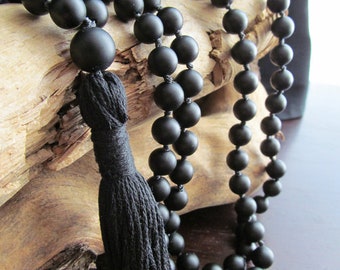 Black ONYX Mala Beads, 108 Bead Hand Knotted Matte Black Onyx, Japa Mala, Long Tassel Necklace