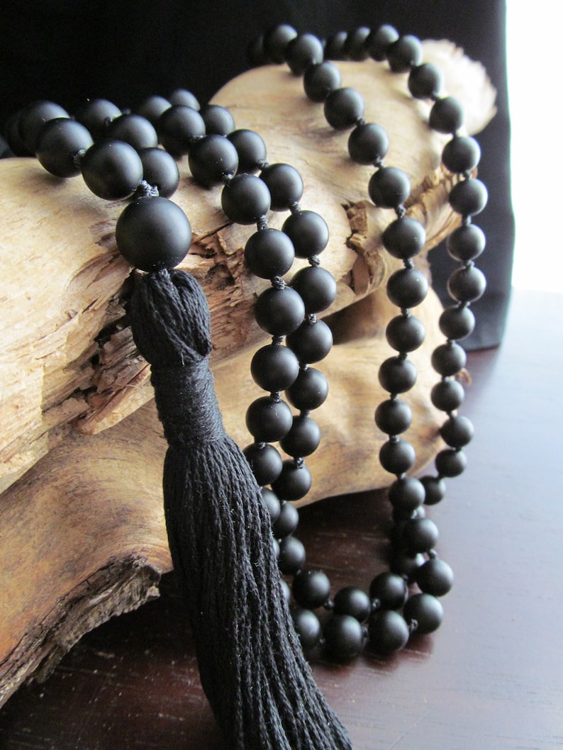 Black ONYX Mala Beads, 108 Bead Hand Knotted Matte Black Onyx, Japa Mala, Long Tassel Necklace image 1