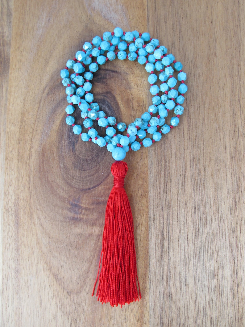 Hand Knotted 108 Bead Mala with Matte Turquoise Magnesite Long Beaded Necklace Tassel Meditation Beads