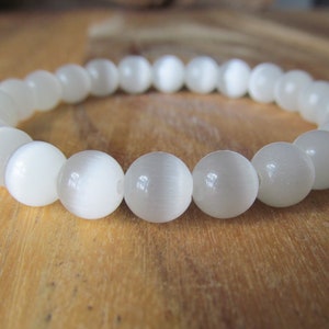 Selenite Bracelet, Cat&#39;s Eye, Natural Gemstone, 8mm Stretch Bracelet, Stacking Bracelet, Healing Energy, Crown Chakra