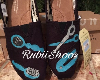 Turquoise Hairstylist Toms- Cosmetologist- Hair- Shears- Mirror- Brush-Flat Iron- Beauty Guru- Stylist- Hand Painted- Custom Toms-Black Toms