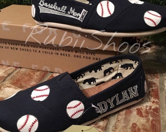 RubiiShoos Original- Personalized Name/Baseball Mom and Baseballs on Navy TOMS- baseball mom- baseball lover- baseball gift- Navy Toms