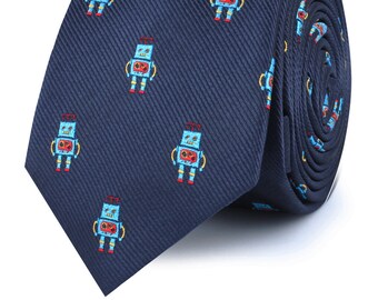 Little Blue Robot Novelty Skinny Tie (M703-ST6) Men's 6.5CM Thin Narrow Ties Slim Mens Men Wedding Weddings Groom Grooms