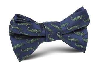 Green Crocodile On Blue Kids Bow Tie (M632-KBT) Wedding Page Boys Bowtie Bowties Ties Child Children Toddler Infant Boy