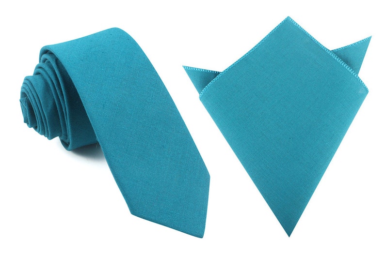 Handkerchief Thin Slim Ties Men Necktie Suit Narrow L173-S+P Matching Skinny Tie Pocket Square Combo Teal Slub Linen