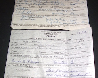 2 vintage Pennsylvania burial permits