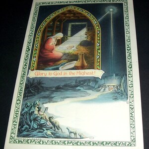 May include: Vintage Christmas card featuring a Nativity scene. The image depicts Mary and baby Jesus in a manger, with a bright star overhead. The text "Glory to God in the Highest!" is displayed on the card. The border is green with a floral design.
