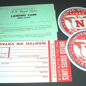 Vintage SS United States cruise ship landing cards & unused US Lines luggage labesl