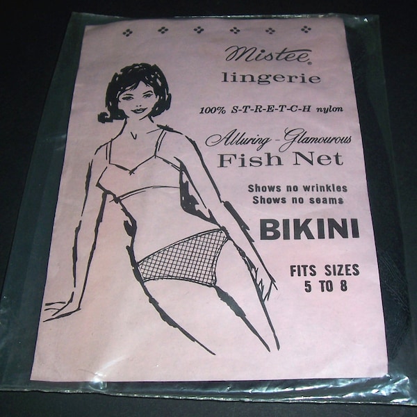 Vintage black fishnet bikini panties, unused in package