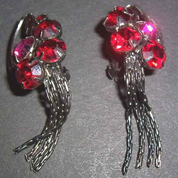 Pair of vintage costume jewelry earrings, faux rubies