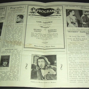 May include: A vintage newspaper program for the film "Mockery" starring Lon Chaney, Ricardo Cortez, and Barbara Bedford. The program includes movie stills, text, and advertisements. The paper is folded and has a worn appearance.