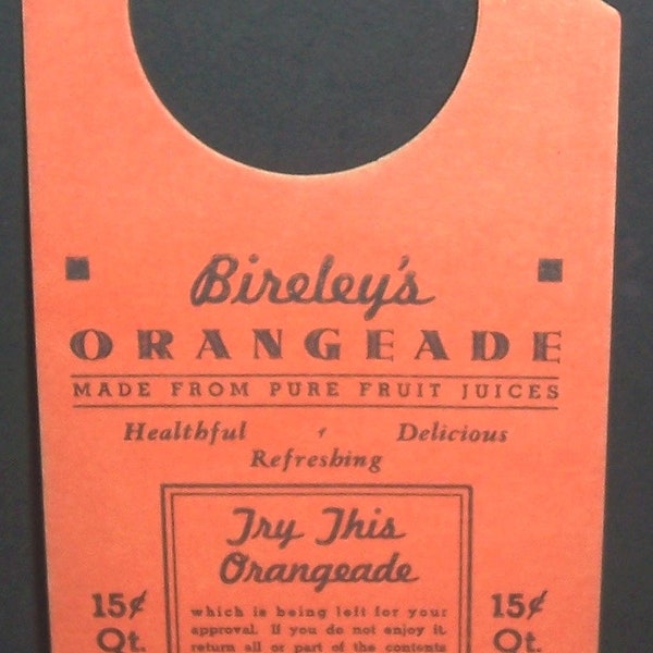 1930s Bireley's orangeade milk-bottle hanger advertising