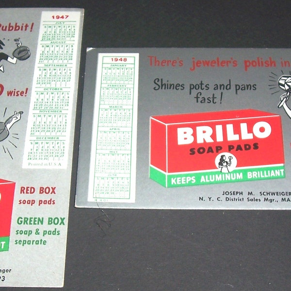 Two 1940s Brillo advertising blotter calendars