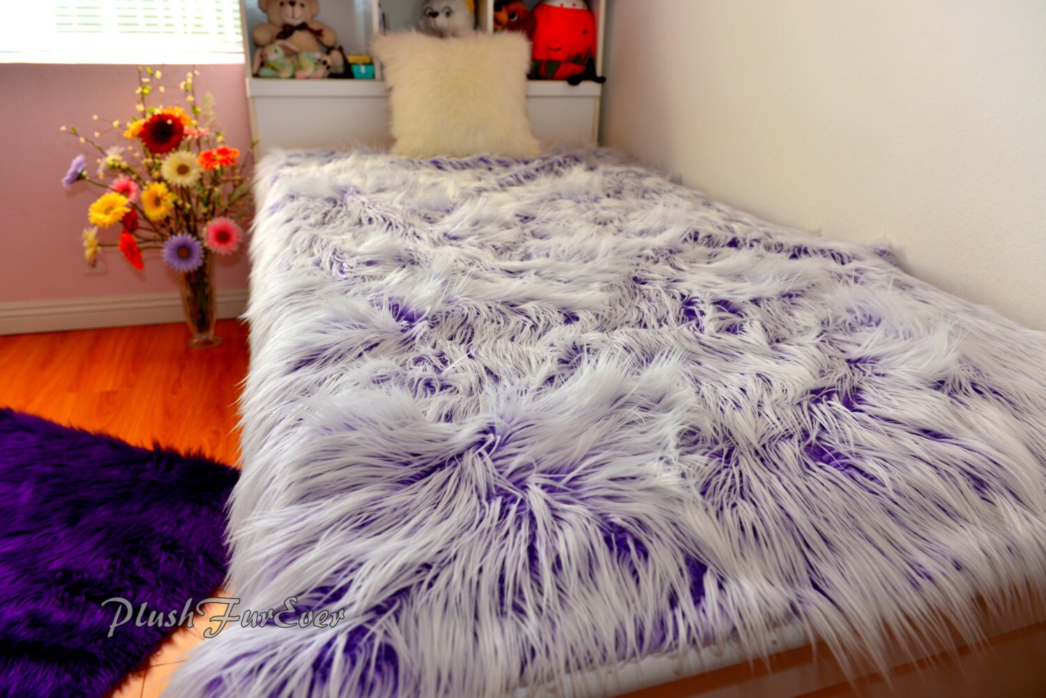 Frost Royal Purple White Faux Fur Mongolian Fabulous Bedroom