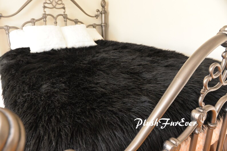 Black Plush Mongolian Faux Fur Bedspread Comforters Sheepskin Etsy