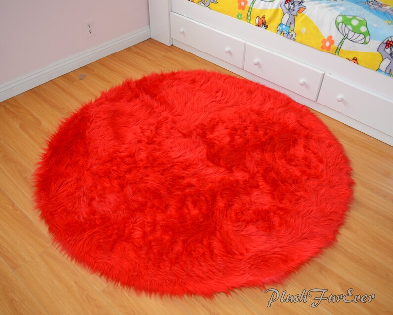 Bright Red Faux Fur Throw Area Rug Round Boy Girl Kids Nursery Rugs Children Play Plush Furry Home Decor