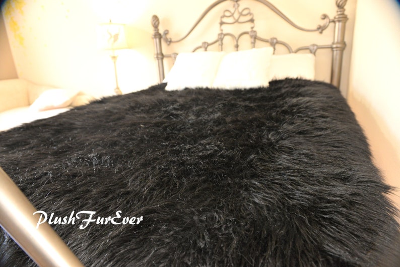 Black Plush Mongolian Faux Fur Bedspread Comforters Sheepskin Etsy