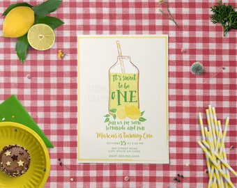 Invitación de primer cumpleaños con temática de limonada y limón rosa (digital)